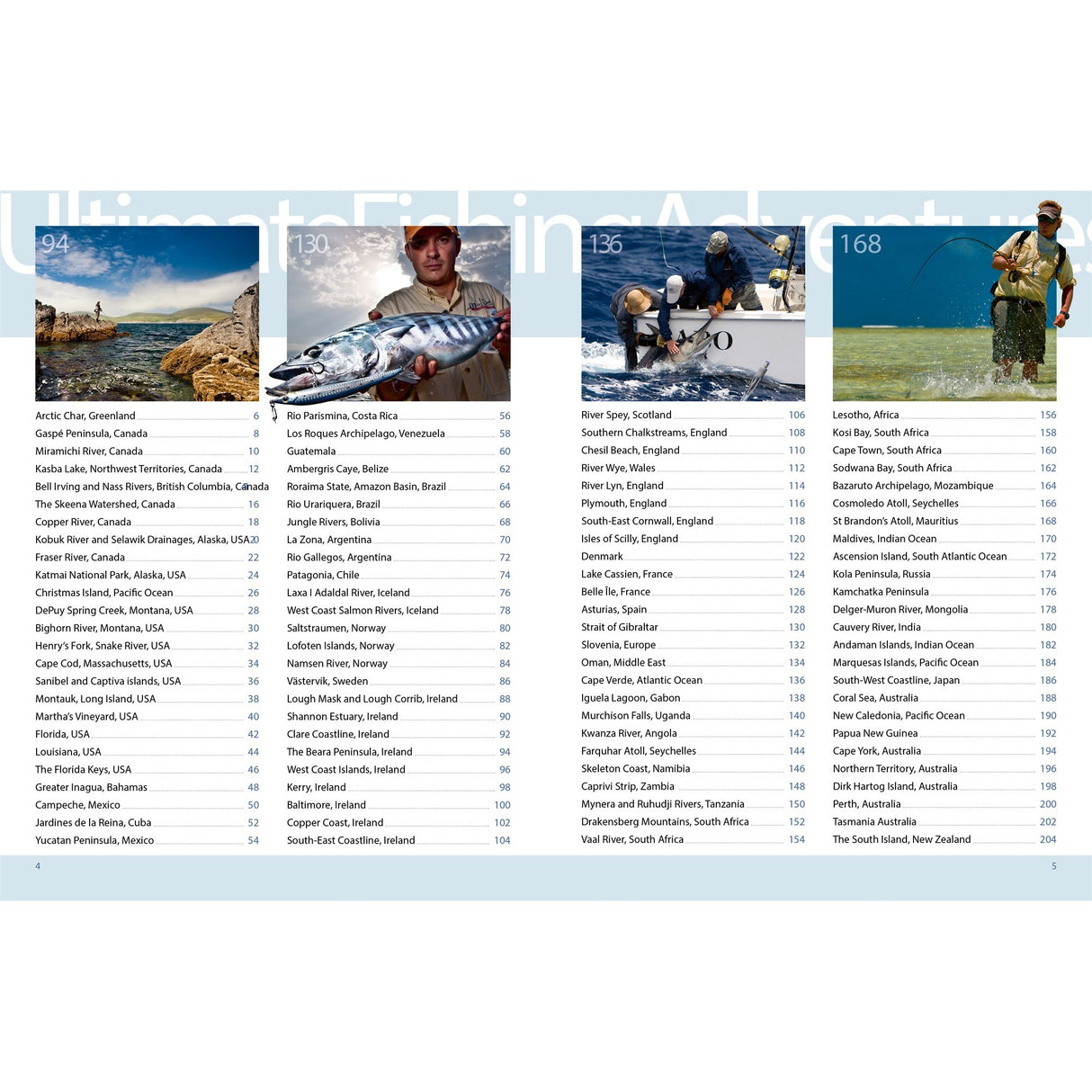 Fernhurst Books’ "Ultimate Fishing Adventures" features a numbered ranking of fishing destinations, images of anglers, and locations with scores (94, 130, 136, 168)—an ideal coffee-table book for fishing fans.