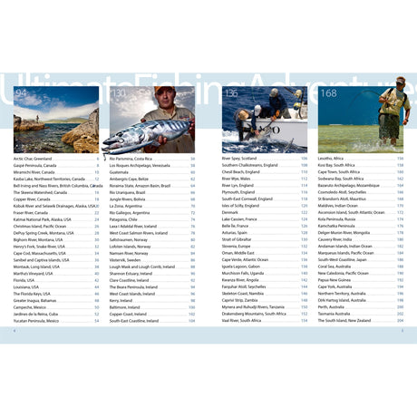 Fernhurst Books’ "Ultimate Fishing Adventures" features a numbered ranking of fishing destinations, images of anglers, and locations with scores (94, 130, 136, 168)—an ideal coffee-table book for fishing fans.
