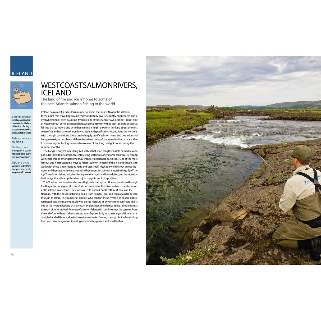 An angler stands by a wide river in Iceland, surrounded by green hills and cloudy skies. Text about Ultimate Fishing Adventures by Fernhurst Books appears on the left, highlighting West Coast Salmon Rivers and unforgettable fishing experiences.