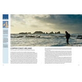 A person fishes with a rod on the rocky Copper Coast, Ireland, under cloudy skies. Jagged rocks rise behind as informational text introduces Fernhurst Books’ Ultimate Fishing Adventures for thrilling coastal fishing experiences.