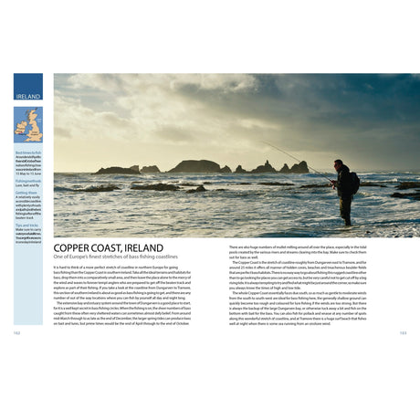 A person fishes with a rod on the rocky Copper Coast, Ireland, under cloudy skies. Jagged rocks rise behind as informational text introduces Fernhurst Books’ Ultimate Fishing Adventures for thrilling coastal fishing experiences.