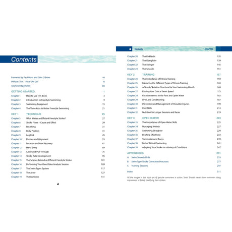 The Swim Smooth book by Fernhurst Books features a contents page with two columns listing chapters on freestyle, backstroke, open water swimming, and technique drills, each with headings and page numbers.