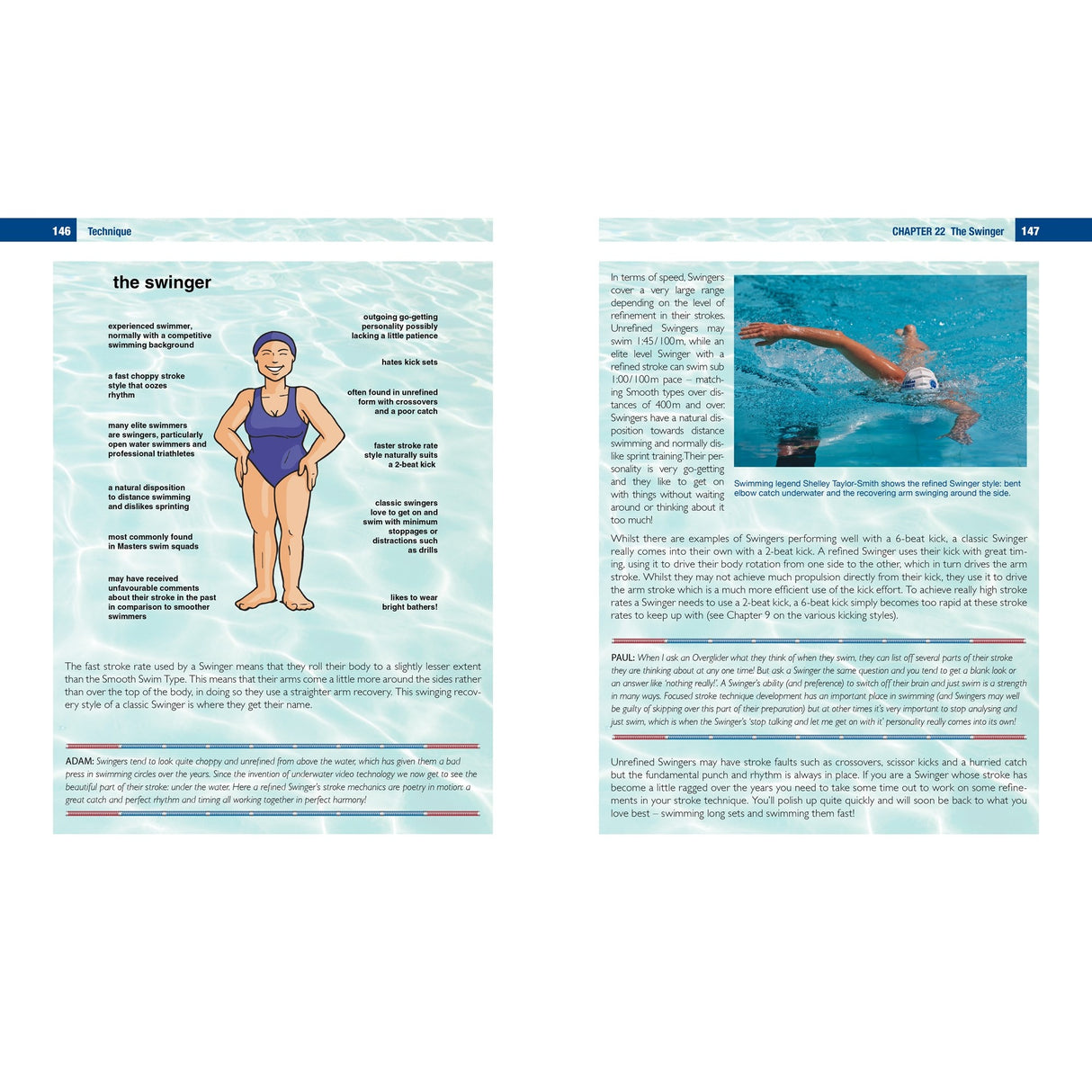 Two pages from Swim Smooth by Fernhurst Books: the left shows an illustrated swimmer in labeled "swinger" style positions, while the right displays a photo of a swimmer doing backstroke in the water.