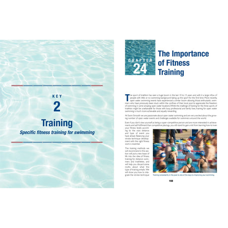 A two-page spread from Swim Smooth by Fernhurst Books: the left page features “Key 2 Training: Specific swimming training for fitness” over water; the right, titled “The Importance of Fitness Training,” shows text and a small photo of swimmers racing.