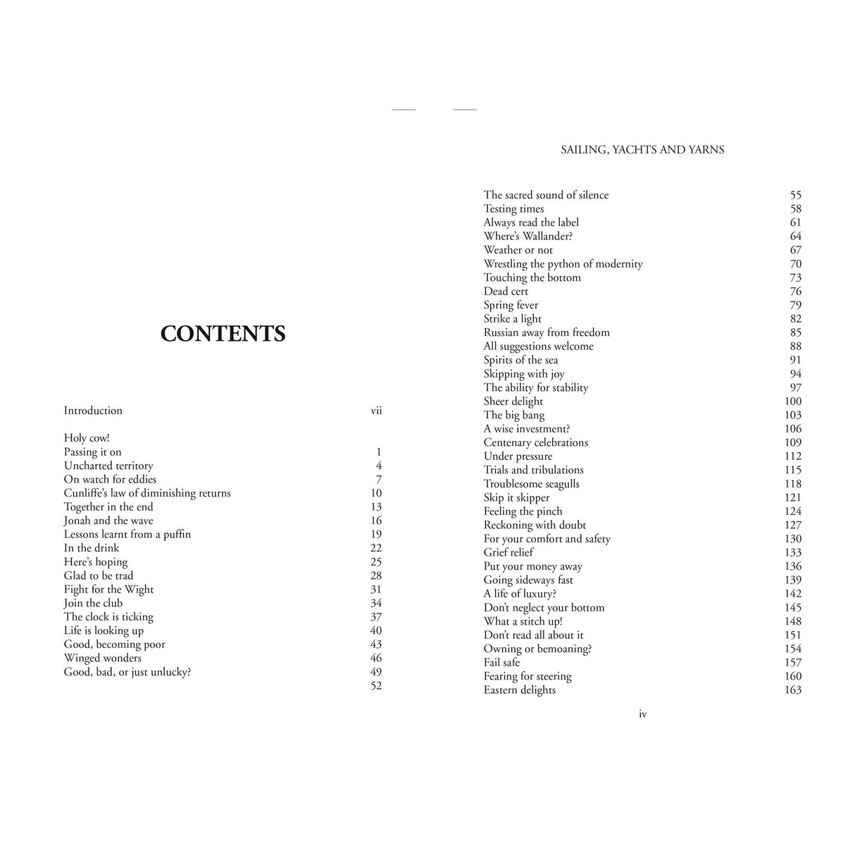 A table of contents from "Sailing, Yachts & Yarns" by Fernhurst Books shows chapters like "Holy cow!"—ideal for sailing fans or Yachting Monthly readers. The facing page covers topics such as "The sacred sound of silence.