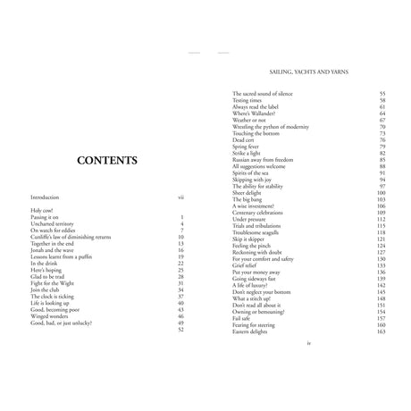 A table of contents from "Sailing, Yachts & Yarns" by Fernhurst Books shows chapters like "Holy cow!"—ideal for sailing fans or Yachting Monthly readers. The facing page covers topics such as "The sacred sound of silence.