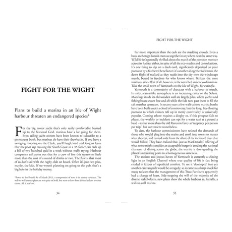 A two-page spread in "Sailing, Yachts & Yarns" from Fernhurst Books explores Isle of Wight marina plans, highlighting endangered species threats and economic impacts—a must-read for sailing enthusiasts. Text fills both pages.