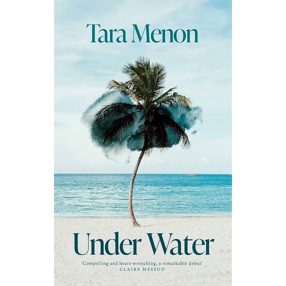 Book cover for "Under Water" by Summit Books shows a solitary palm on a sandy beach with tranquil turquoise sea and sky, plus water splashing around the tree—reflecting themes of grief, loss, and female friendship.