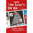 Cover of "The Sailor's Sin Bin" by Adlard Coles, edited by Theo Stocker, features cartoon sailors with speech bubbles "Down! Down!" and "Up! Up!" on sailboat GB7757X. Illustrated by Bill Caldwell against a red background with nautical graphics.