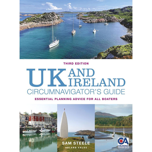 Cover of "UK and Ireland Circumnavigator's Guide" by Adlard Coles features scenic coastal views, a marina with boats, a lighthouse, and rolling hills. Text: "Essential Planning Advice for All Boaters on their sailing adventure.