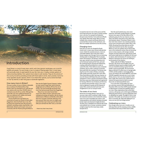 A two-page spread from "The Great British River" by Bloomsbury shows an underwater fish photo above an intro on UK rivers’ value, while the right page explores changes to rivers and details about freshwater habitats.