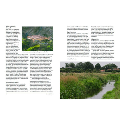 A magazine spread featuring "The Great British River" by Bloomsbury, with text on chalk streams, a brown trout photo in clear water, and a landscape of British rivers with grassy banks and trees on the right page.