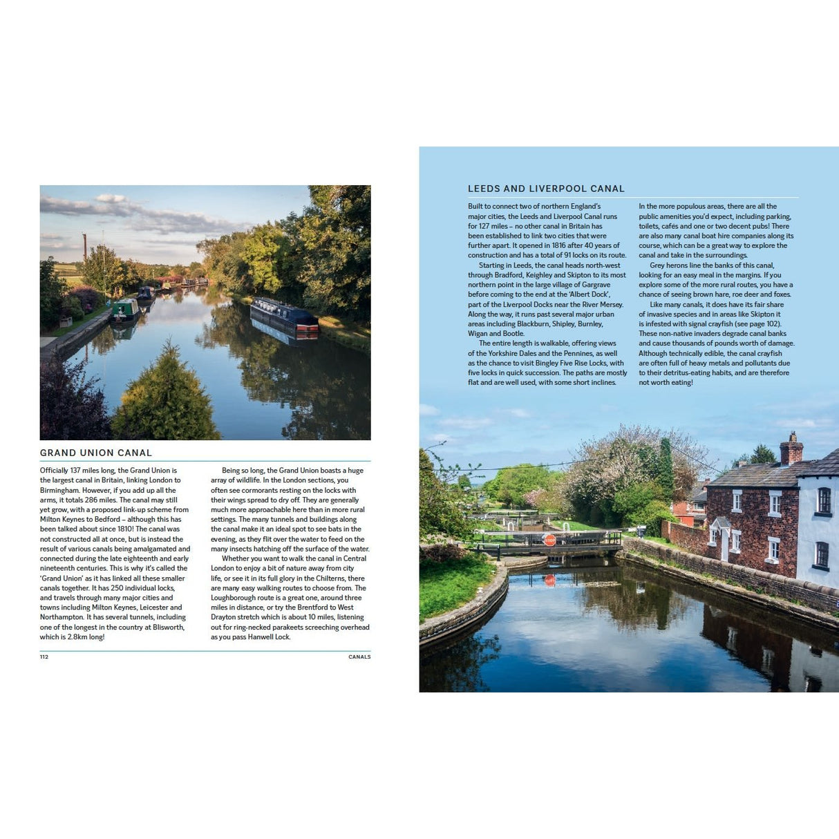 Two pages from "The Great British River" by Bloomsbury show photos and text on English canals: the Grand Union Canal with boats (left) and the Leeds & Liverpool Canal beside a white cottage and blooming trees (right).