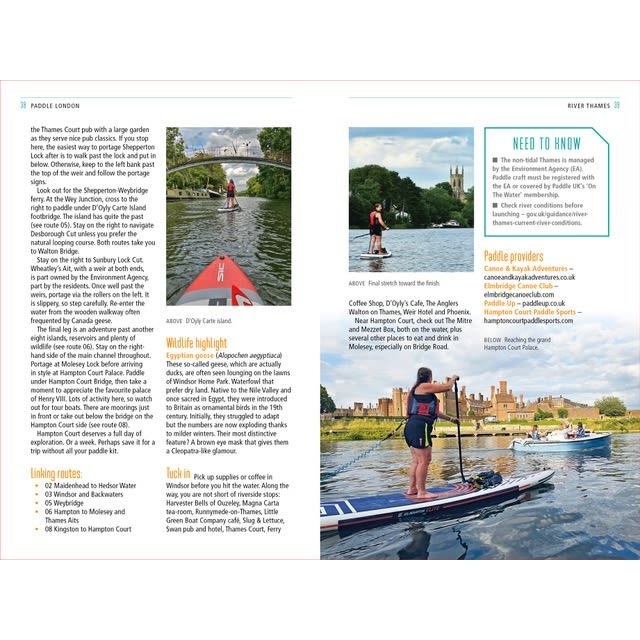 A magazine page for Adlard Coles' Paddle London shows paddleboarders on a scenic river, with tips for paddling in London, wildlife highlights, safety info, and a "Need to Know" box with provider contacts.