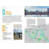The Paddle London guidebook by Adlard Coles features a Thames map from Putney to New Bridge, highlights key stops, and includes a scenic bridge photo plus an image of two paddleboarders by the river.