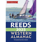 The cover of the Reeds Western Almanac 2025 showcases a sailboat with its sails fully deployed, gracefully cutting through the water with sailors on deck. The background features a coastal cliff. Prominent text highlights navigation details and regions included in the almanac, such as cruising along the UK west coast. Additionally, it mentions the availability of a PDF ebook.