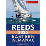 Cover of "Reeds Eastern Almanac 2025," showcasing a sailboat cutting through choppy seas beneath a clear sky. Text at the bottom highlights: "The UK coast from Ramsgate to Cape Wrath, Orkney & Shetland Islands, and The Netherlands and Belgium." Vital navigation information for North Sea mariners. A banner indicates the availability of a PDF ebook.