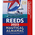 An image of the cover of Reeds' "Nautical Almanac 2025" shows a sailboat adorned with a blue, white, and red spinnaker sail gliding on the water. The cover sports a striking red and blue color scheme and features a banner proclaiming "Comprehensive updates over 8000 ports and anchorages" to ensure safe navigation. The phrase "The Yachtsman's Bible" is prominently displayed on the right-hand side.