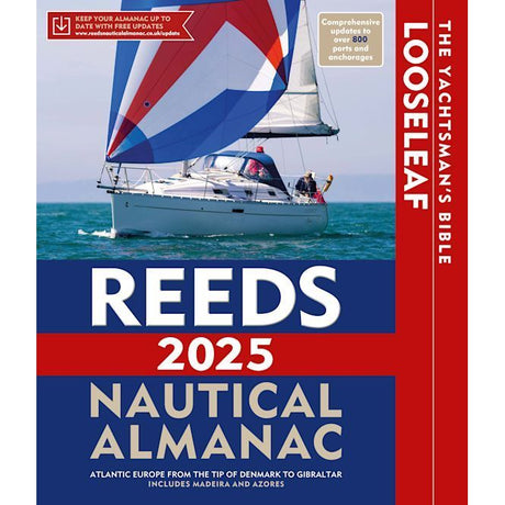 An image of the cover of Reeds' "Nautical Almanac 2025" shows a sailboat adorned with a blue, white, and red spinnaker sail gliding on the water. The cover sports a striking red and blue color scheme and features a banner proclaiming "Comprehensive updates over 8000 ports and anchorages" to ensure safe navigation. The phrase "The Yachtsman's Bible" is prominently displayed on the right-hand side.