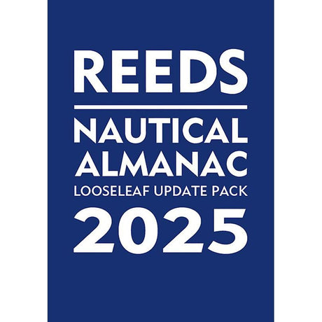 Cover of the "Reeds Nautical Almanac 2025" by Reeds, featuring a solid navy blue background with white text, offering essential navigational information for safe navigation.