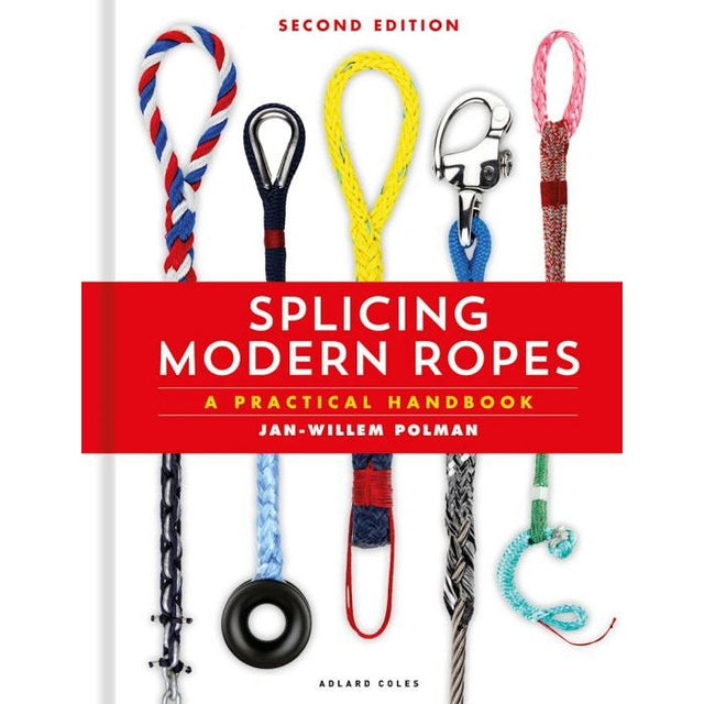 Cover of "Splicing Modern Ropes" by Adlard Coles, showcasing rope splicing techniques. The second edition features a white background and a prominent red banner across the center.