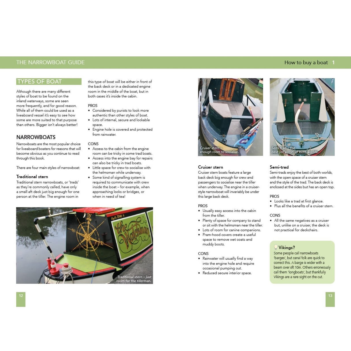 Adlard Coles' The Liveaboard Guide features a detailed page on buying a boat, covering types, pros and cons, info boxes, and photos of narrowboats like "The Wren," with images of exteriors and interiors—ideal for liveaboard living.