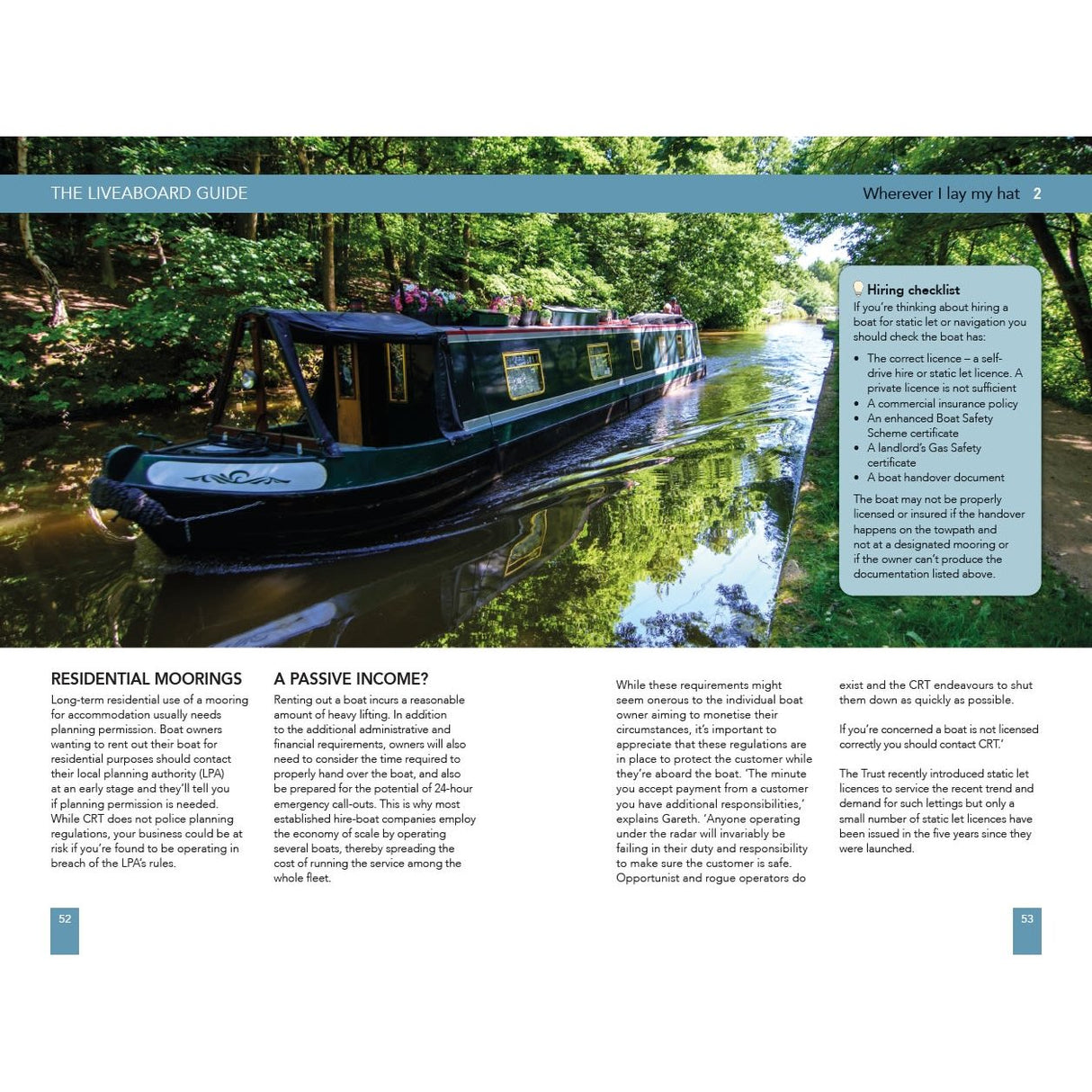 A narrowboat rests by a tranquil, tree-lined canal with sunlight dancing on the water—a serene scene reflecting the liveaboard lifestyle explored in *The Liveaboard Guide* from Adlard Coles.