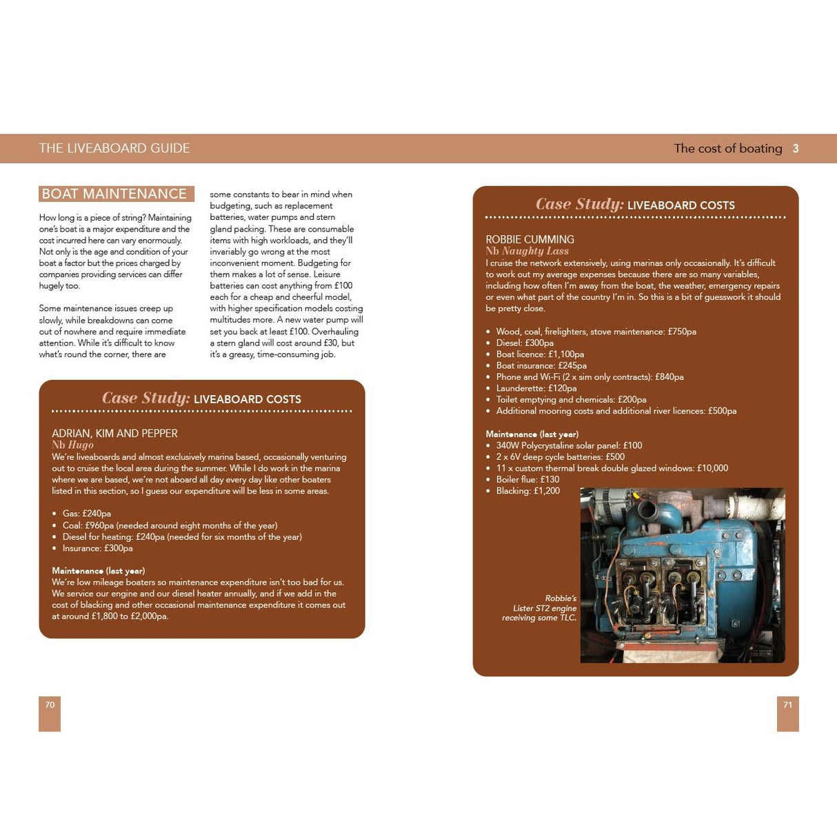 A page from The Liveaboard Guide by Adlard Coles details boat maintenance with case studies, cost tables, and a photo of a blue engine—ideal for anyone enjoying the liveaboard lifestyle on inland waterways.