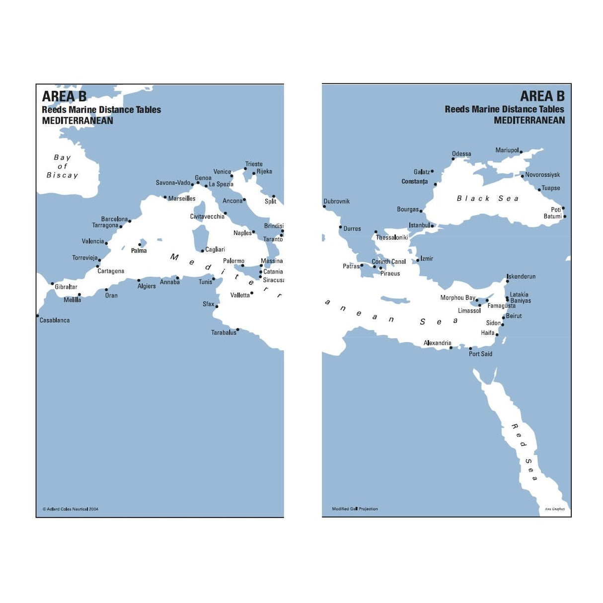 The Reeds Marine Distance Tables by Reeds features two “AREA B” maps showing the Mediterranean and Black Seas, highlighting key commercial ports like Genoa, Marseille, Alexandria, and Istanbul for navigational reference.