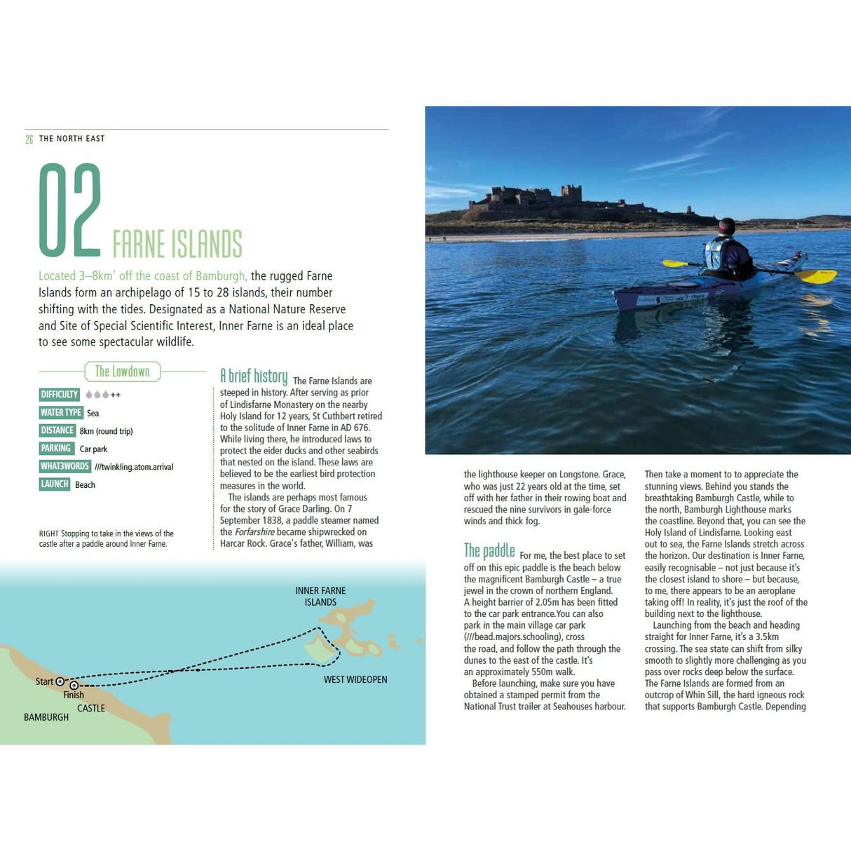 A kayaker glides across blue waters toward a rocky coast crowned by a castle, under clear skies. "Paddle the North of England" by Adlard Coles also covers Northumberland canoeing, the Farne Islands, and visitor tips on the left.