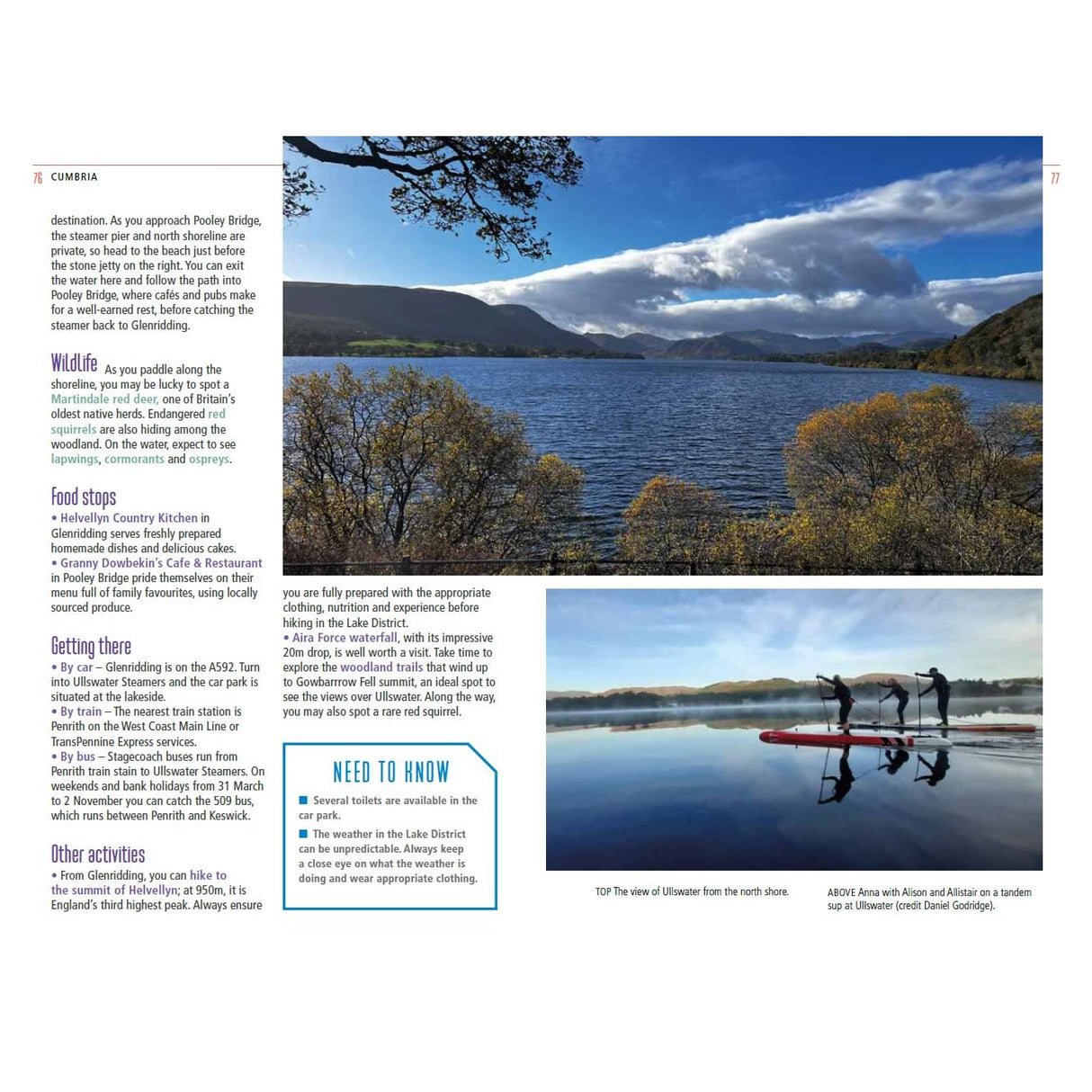 A scenic lake view with tree-covered hills and calm water reflecting the sky. Inset: two people enjoy stand-up paddleboarding, as featured in "Paddle the North of England" by Adlard Coles; a café and local info are also shown.