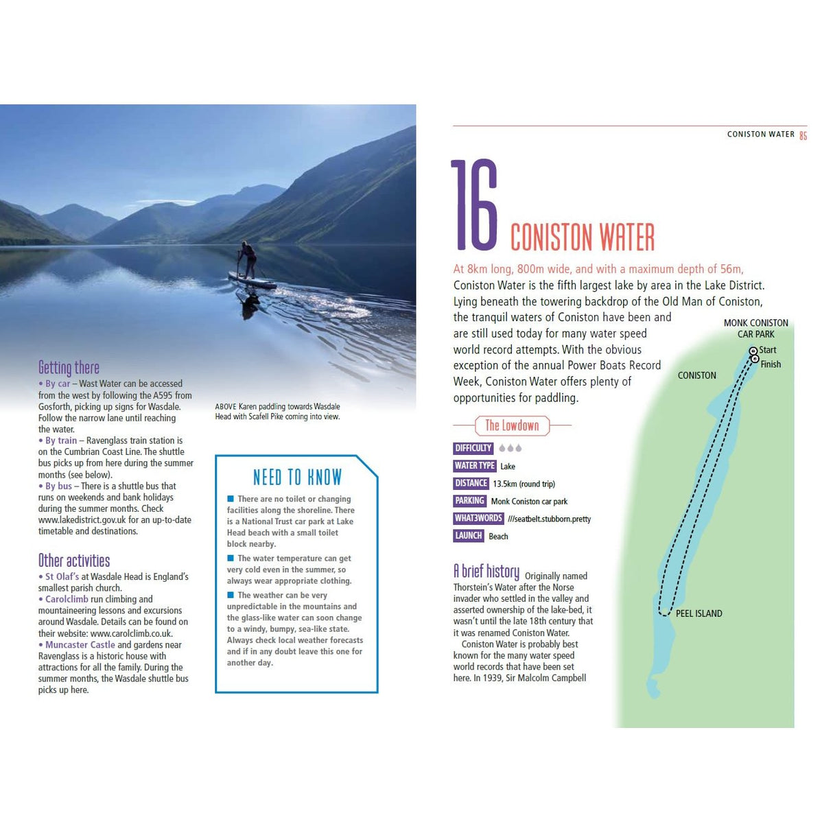 A brochure spread for Adlard Coles’ "Paddle the North of England" shows a paddleboarder on a calm lake with mountains, and features facts, history, maps, tips, activities, and highlights for canoe and kayak routes in the Lake District.