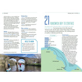 Two pages from Adlard Coles' Paddle the North of England feature a facts box, canoe and kayak routes map, and a photo of people paddling under a stone bridge—ideal for paddleboarding enthusiasts.