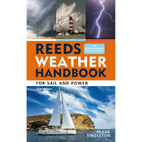 Book cover for "Reeds Weather Handbook" by Reeds, featuring striking weather scenes: a storm cloud, waves crashing on a lighthouse, lightning strikes, and a sailboat sailing under calm blue skies.