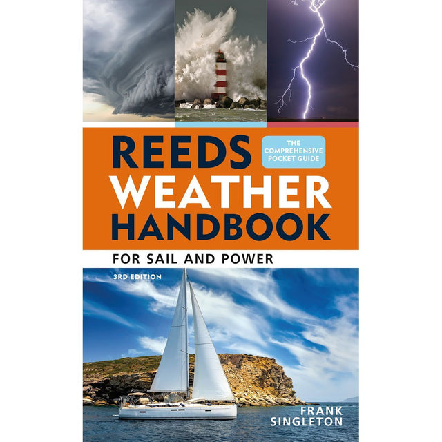 Book cover for "Reeds Weather Handbook" by Reeds, featuring striking weather scenes: a storm cloud, waves crashing on a lighthouse, lightning strikes, and a sailboat sailing under calm blue skies.