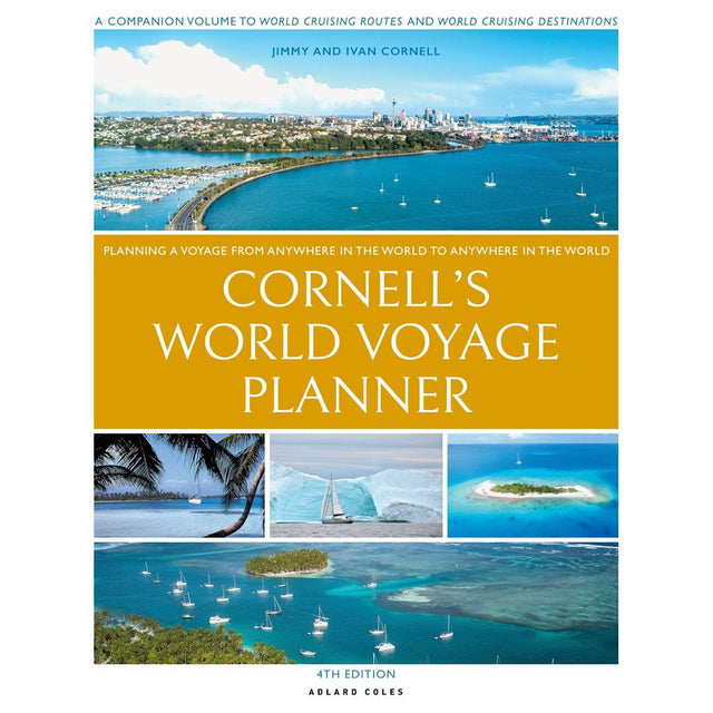 Book cover for Cornell's World Voyage Planner by Adlard Coles, featuring sailboats, tropical islands, and blue ocean waters. Title and authors Jimmy & Ivan Cornell appear prominently.