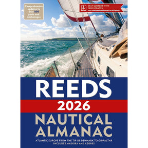 Cover of Reeds Nautical Almanac 2026 by Reeds, showing a sailboat on choppy Atlantic coastal waters under a partly cloudy sky. The text highlights updated navigation essentials for yachtsmen from Denmark to Gibraltar.