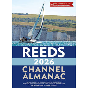 A sailboat glides on blue water near white cliffs under a clear sky. Text: "Reeds Channel Almanac 2026"—your trusted Reeds guide for English Channel cruising and navigation. Red banner: PDF ebook at reedssalmanac.co.uk.