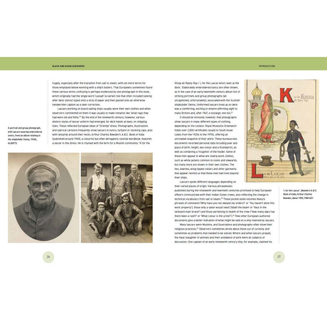 A sepia portrait of a man in a turban, a black-and-white photo showing six men standing and sitting, and a vintage illustration of a sailor marked with “K” for Khosia and “L” for Laskar—all accompanied by descriptive text on an open spread from Black and Asian Seafarers by Adlard Coles—depict the diverse faces that shaped British maritime history.