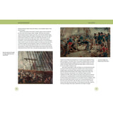 Two pages from Adlard Coles’ Black and Asian Seafarers feature historical paintings of sailors on ships, accompanied by text exploring the contributions of Black and Asian seafarers to British maritime history. The left page illustrates men on deck, while the right page depicts a confrontation at sea involving sailors—including Black crew members—in action.