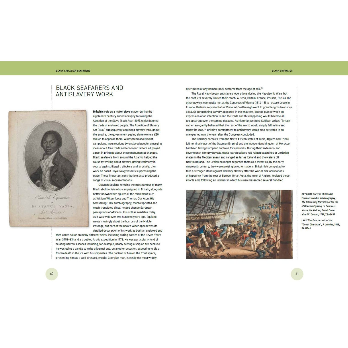 Two pages from Black and Asian Seafarers by Adlard Coles examine the pivotal roles of Black seafarers in antislavery work throughout British maritime history, including an antique portrait of a Black man on the left page and a historical naval battle painting on the lower right.
