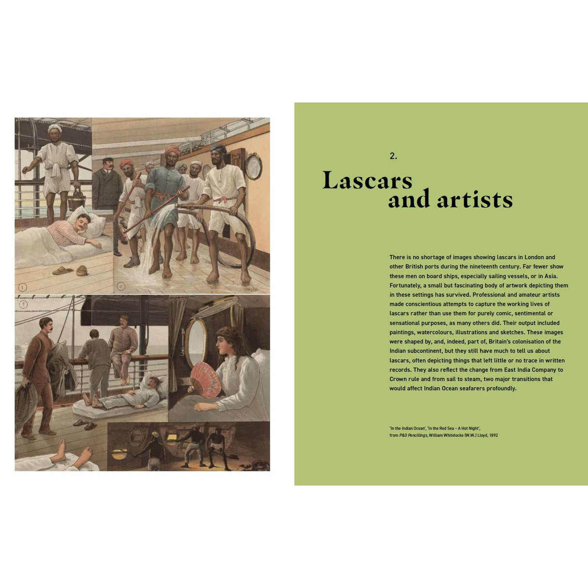 A collage of paintings features Black and Asian seafarers in various settings. Accompanying text explores the history and artistic representations of these seafarers in 19th-century London, emphasizing their significance in British maritime history. This display, titled “Black and Asian Seafarers,” is presented on a green background and comes from Adlard Coles.