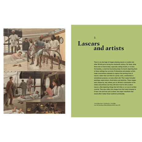 A collage of paintings features Black and Asian seafarers in various settings. Accompanying text explores the history and artistic representations of these seafarers in 19th-century London, emphasizing their significance in British maritime history. This display, titled “Black and Asian Seafarers,” is presented on a green background and comes from Adlard Coles.