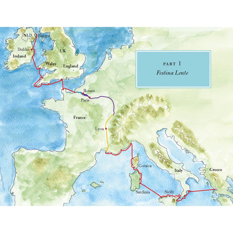 A watercolor map for "Floating Through France" by Adlard Coles shows a red route from Dublin through the UK, French canals, Corsica, Sardinia, Sicily, and ending in Greece, labeled "Part I: Festina Lente.