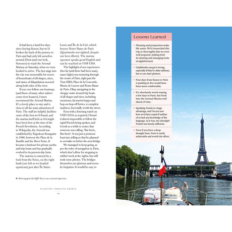 A page from Adlard Coles’ "Floating Through France" shows boating tips, a "Lessons Learned" feature, and a photo of a boat on the Seine nearing the Eiffel Tower, with a French flag at the stern.