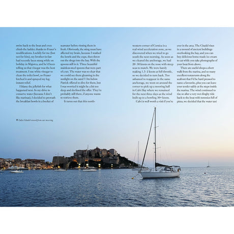 A white sailboat glides on tranquil water by a historic French town with stone buildings and a hilltop fortress. "Floating Through France" by Adlard Coles appears in text on the left, evoking perfect evening cruising scenes.