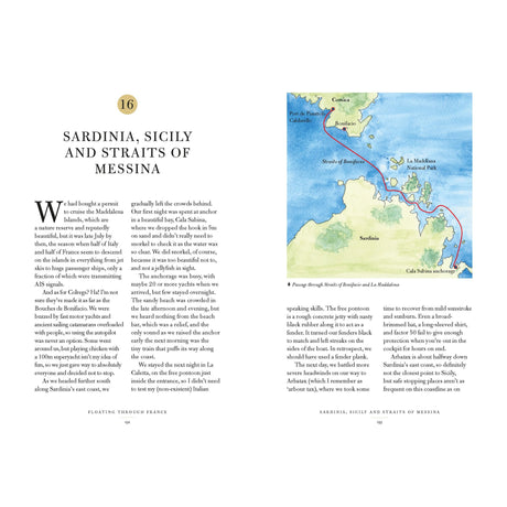 A two-page spread from "Floating Through France" by Adlard Coles features a map of a sailing route on the right and descriptive text with headings on the left—ideal for Mediterranean cruising enthusiasts and boat travel guide fans.
