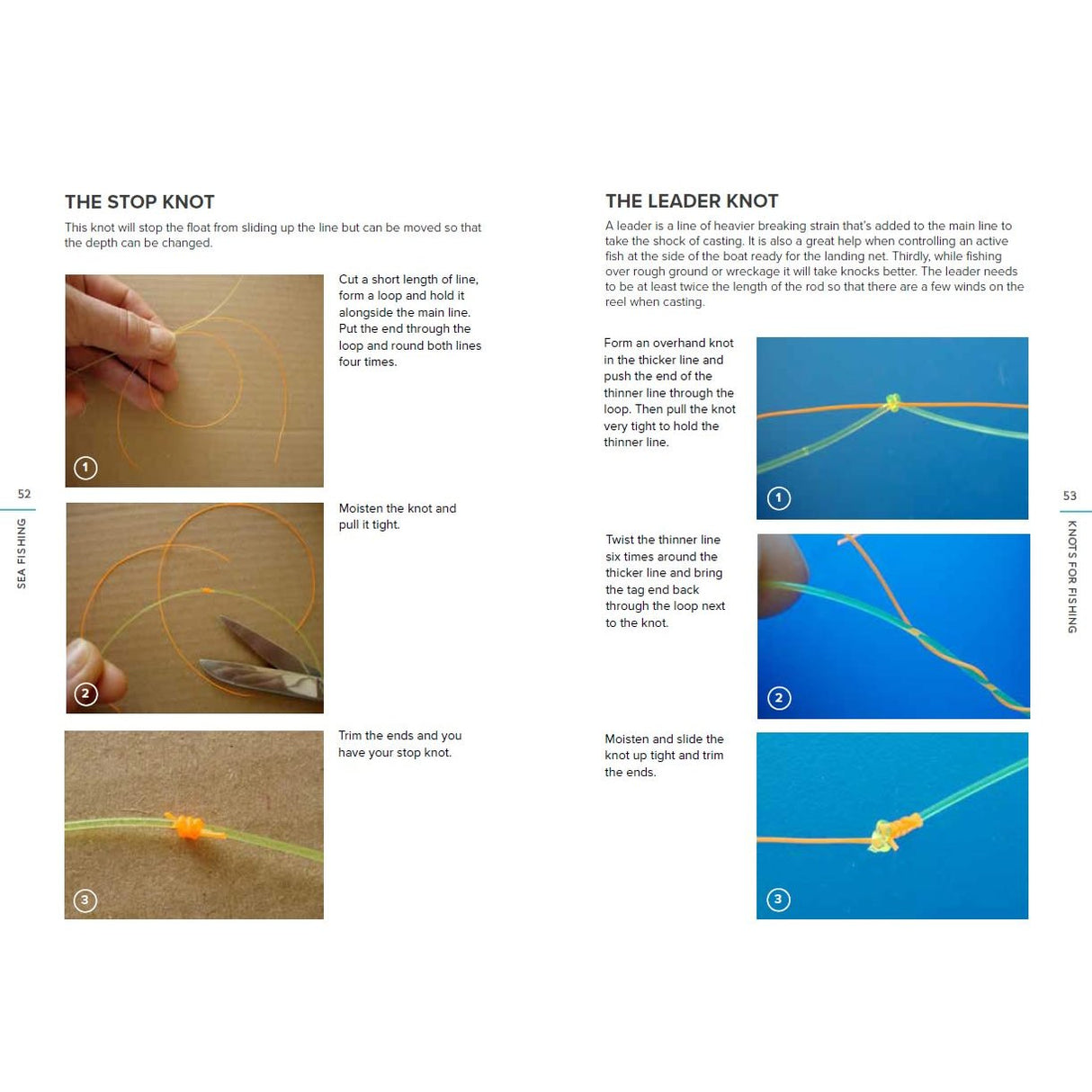Learn how to tie the stop knot and leader knot for boat fishing with step-by-step photos in *Sea Fishing* by Adlard Coles—an essential sea angling guide for every angler.