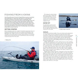 A magazine page about sea fishing from Adlard Coles, featuring text, a small photo of a person in a kayak on the water, and a larger image of a kayaker paddling near waves by the shore.
