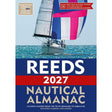 Cover of the Reeds Nautical Almanac 2027 by Reeds, showing a sailboat with vibrant sails; features updated navigational info plus free updates for yachtsmen navigating Atlantic Europe, Madeira, and the Azores.